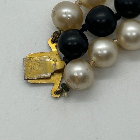 Vintage Double Strand Faux Pearl & Single Black Bead Necklace Floral Box Clasp - Picture 12 of 16